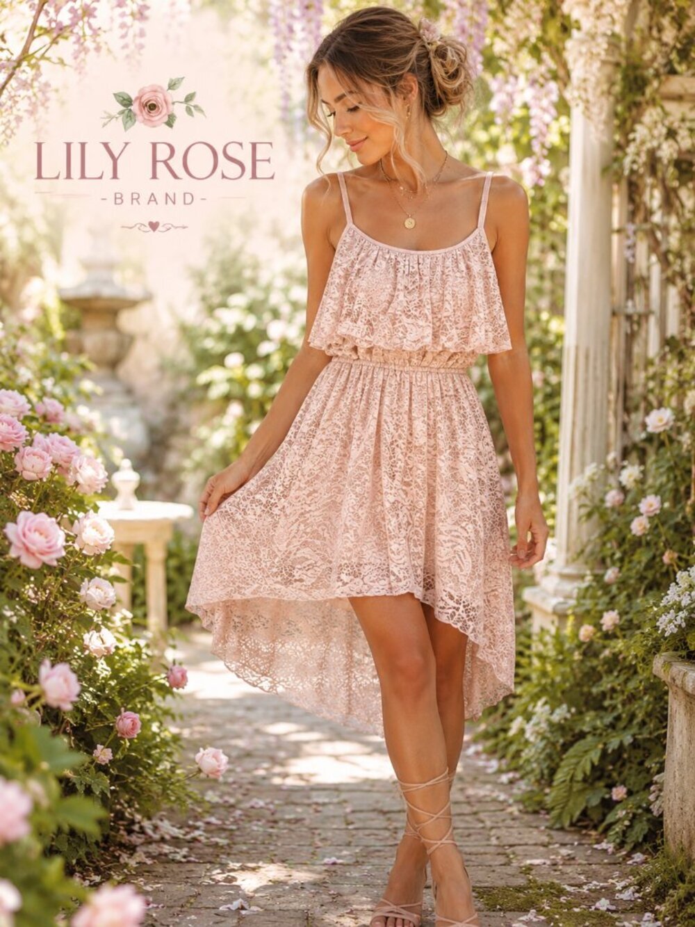 Lily Rose Women's Medium Blush Lace Fairycore Boho Hi-Low Dress